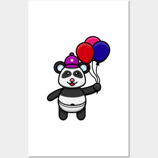 Sticker and Label Of Cute Baby Panda Bring Balloons Posters and Art